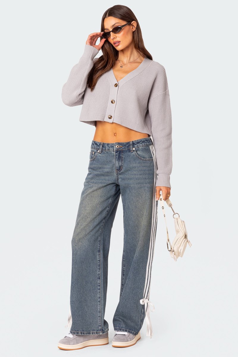 Edikted Oversized Waffle Knit Cropped Cardigan Long Sleeve Tops Dark Gray | USA NN077127X8