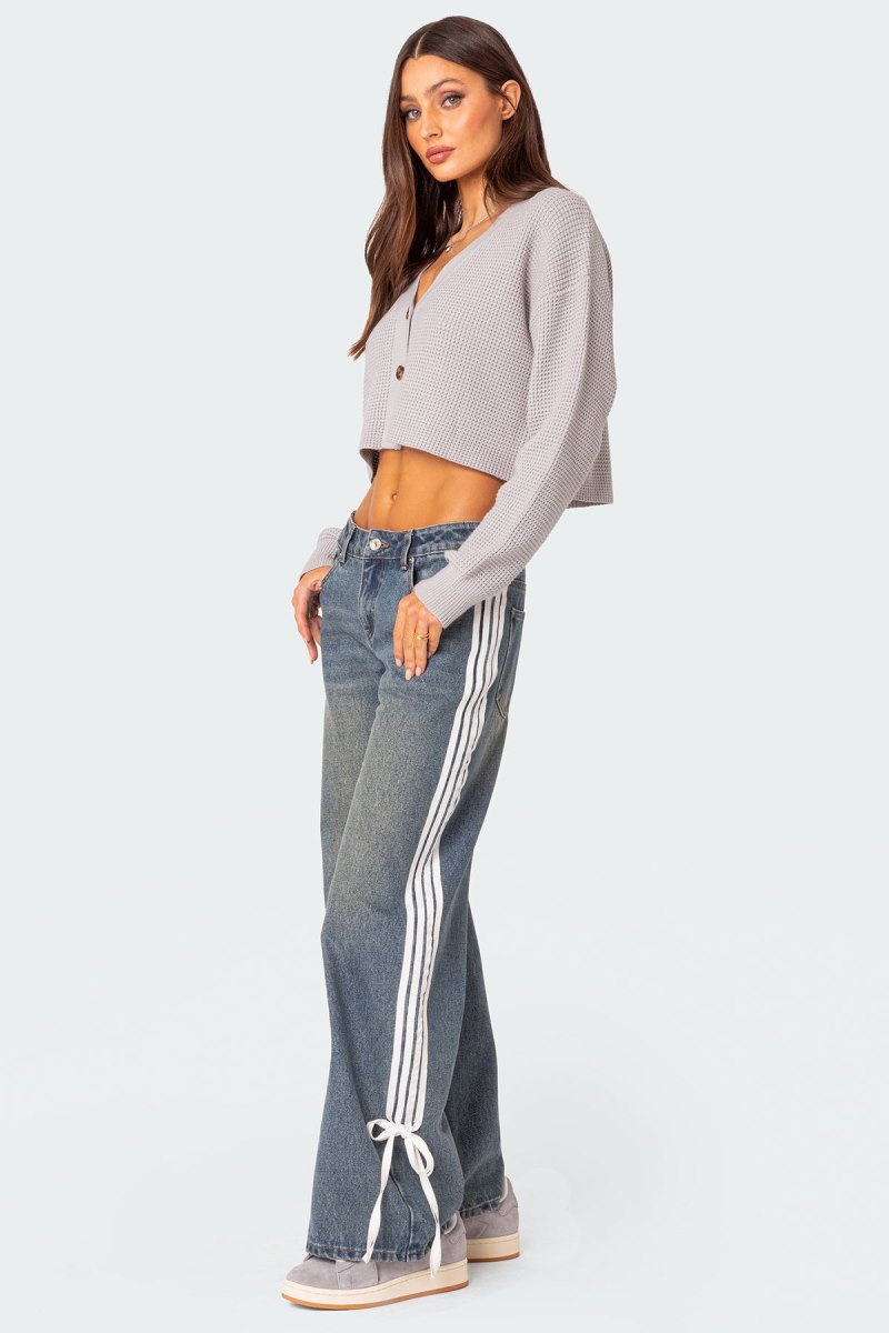 Edikted Oversized Waffle Knit Cropped Cardigan Long Sleeve Tops Dark Gray | USA NN077127X8