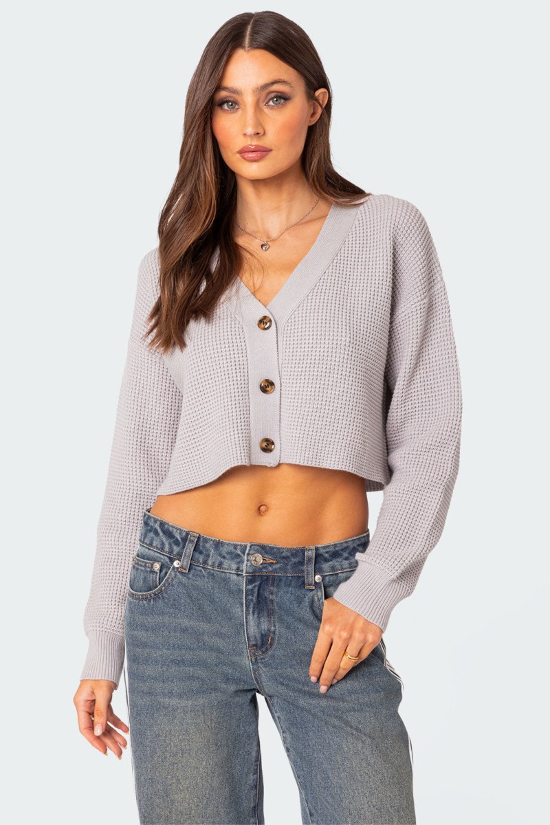 Edikted Oversized Waffle Knit Cropped Cardigan Long Sleeve Tops Dark Gray | USA NN077127X8