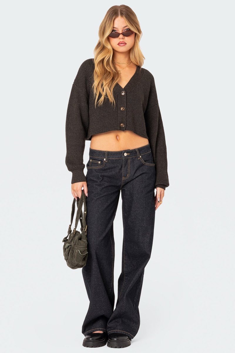 Edikted Oversized Waffle Knit Cropped Cardigan Long Sleeve Tops Dark Gray | USA HQ951835E8