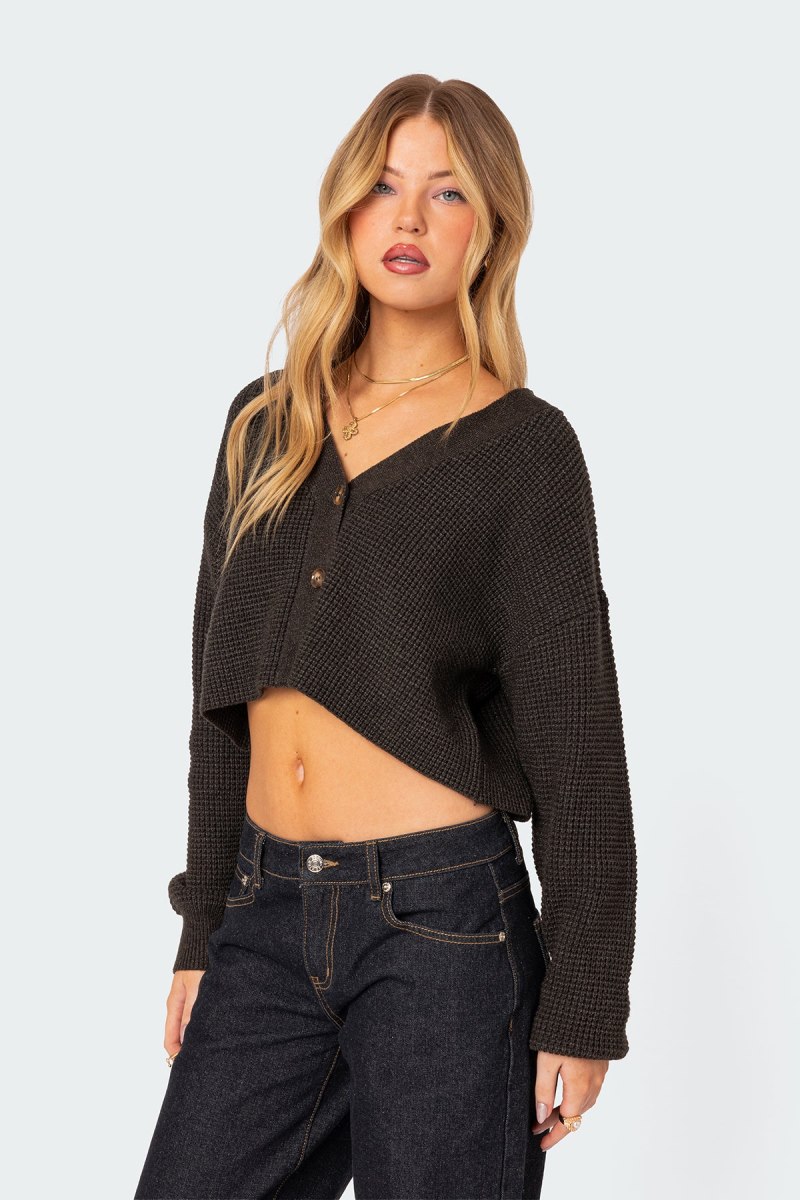 Edikted Oversized Waffle Knit Cropped Cardigan Long Sleeve Tops Dark Gray | USA HQ951835E8