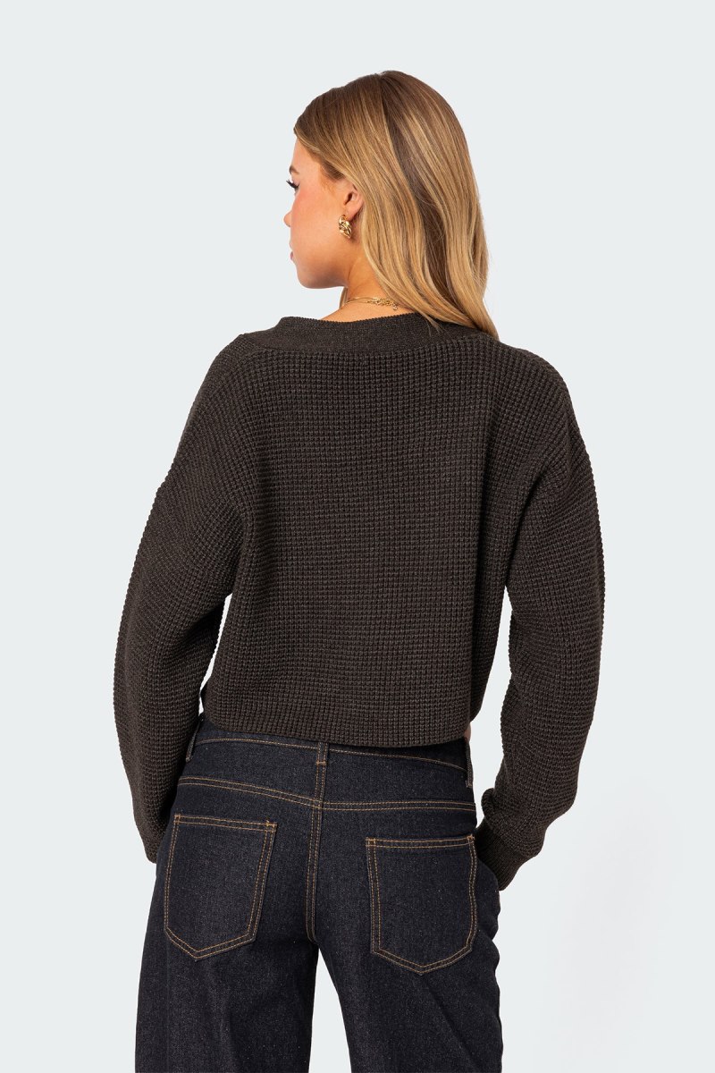 Edikted Oversized Waffle Knit Cropped Cardigan Long Sleeve Tops Dark Gray | USA HQ951835E8