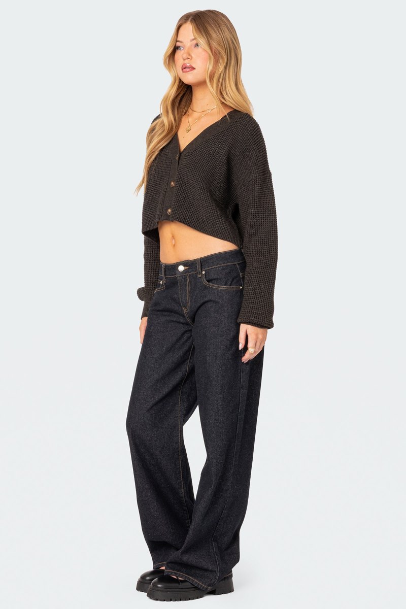 Edikted Oversized Waffle Knit Cropped Cardigan Long Sleeve Tops Dark Gray | USA HQ951835E8