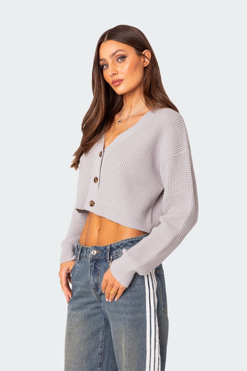 Edikted Oversized Waffle Knit Cropped Cardigan Crop Tops Dark Gray | USA CX411081U9
