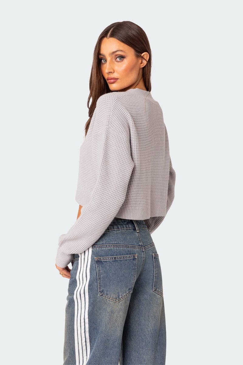 Edikted Oversized Waffle Knit Cropped Cardigan Crop Tops Dark Gray | USA CX411081U9