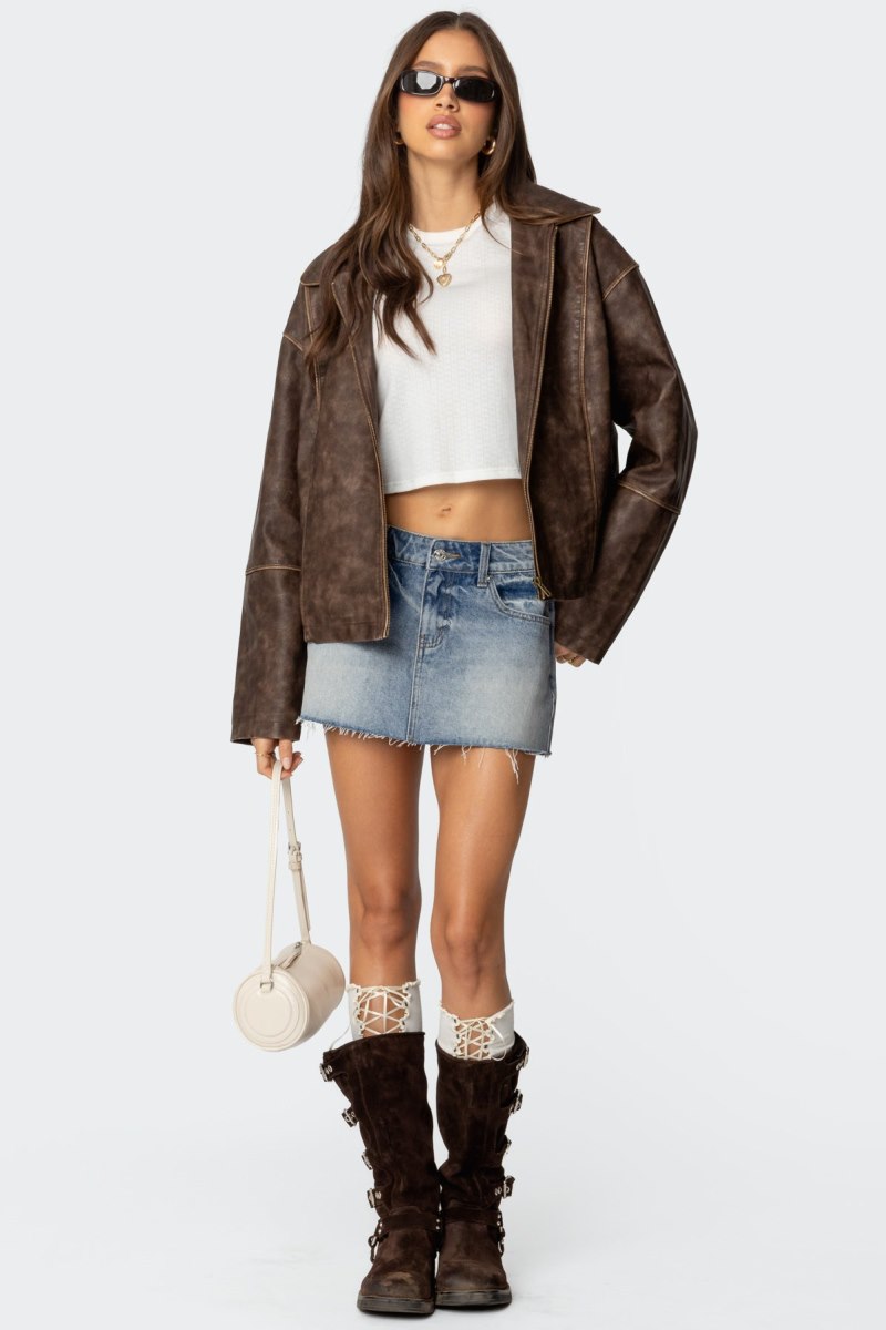 Edikted Oversized Washed Faux Leather Jackets Brown Washed | USA BL352435F5