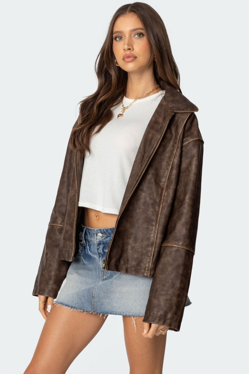 Edikted Oversized Washed Faux Leather Jackets Brown Washed | USA BL352435F5