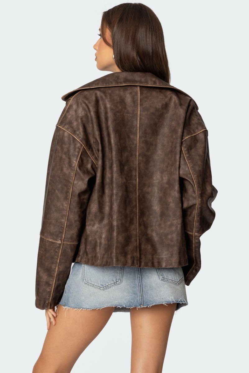 Edikted Oversized Washed Faux Leather Jackets Brown Washed | USA BL352435F5