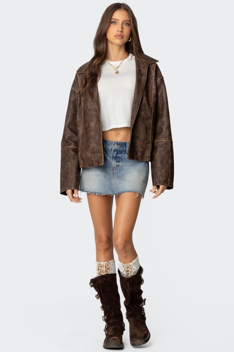 Edikted Oversized Washed Faux Leather Jackets Brown Washed | USA BL352435F5