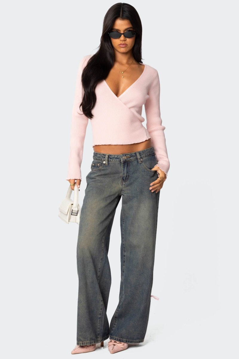 Edikted Paden Ribbed Knit Wrap Long Sleeve Tops Light Pink | USA DC480628D2