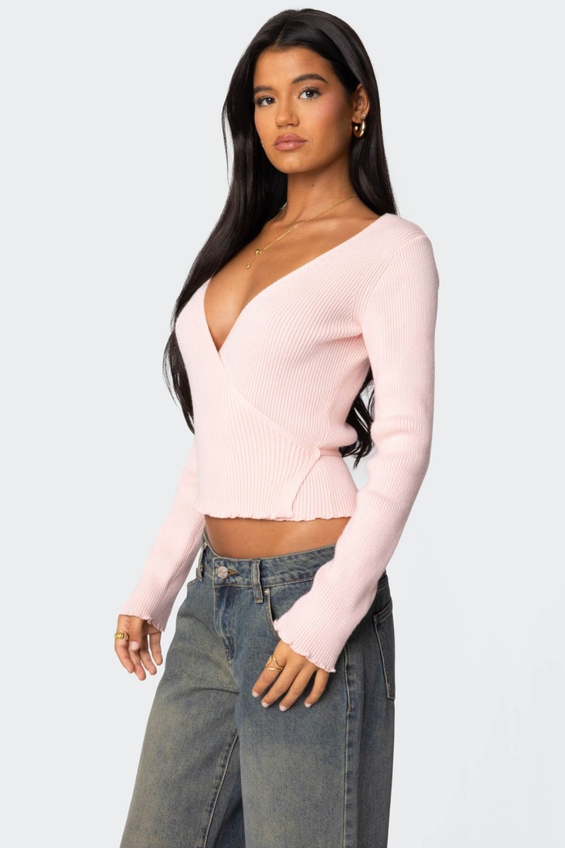 Edikted Paden Ribbed Knit Wrap Long Sleeve Tops Light Pink | USA DC480628D2