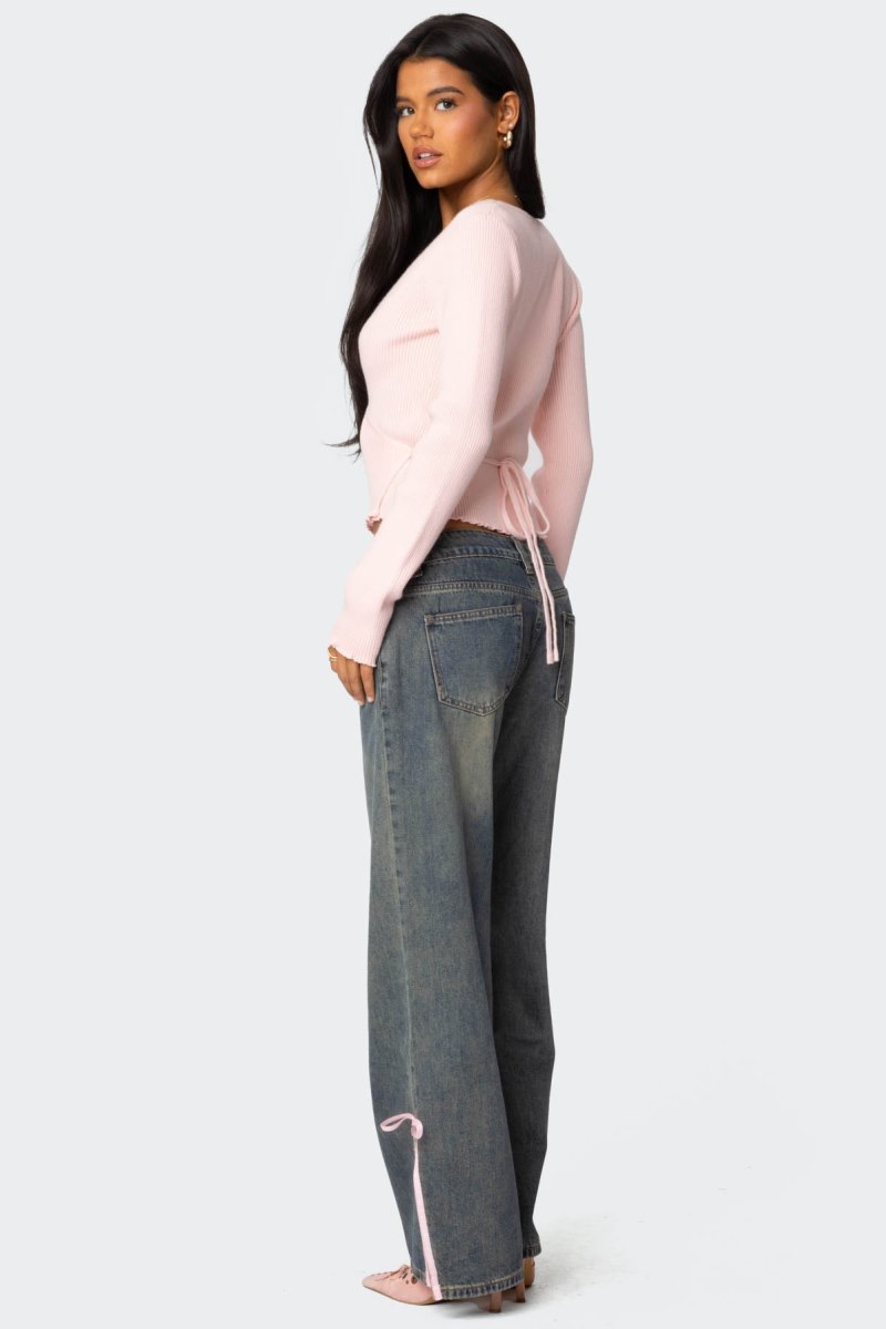 Edikted Paden Ribbed Knit Wrap Long Sleeve Tops Light Pink | USA DC480628D2