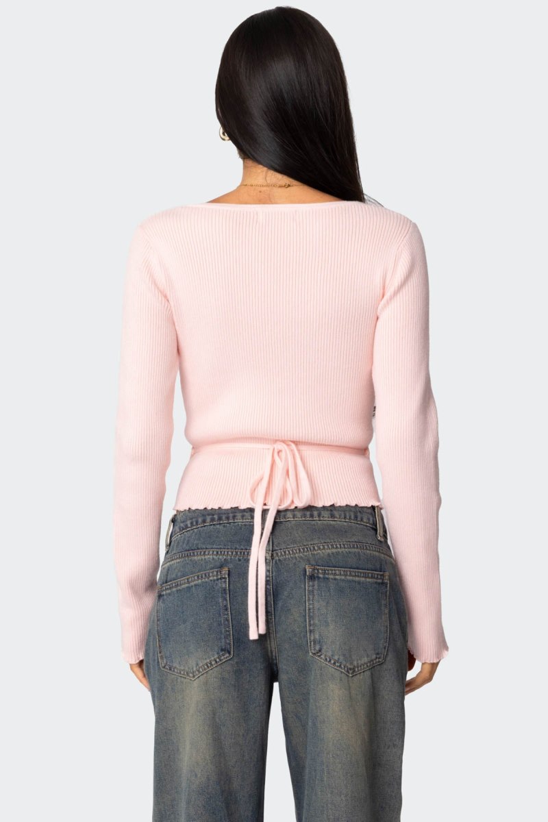 Edikted Paden Ribbed Knit Wrap Long Sleeve Tops Light Pink | USA DC480628D2