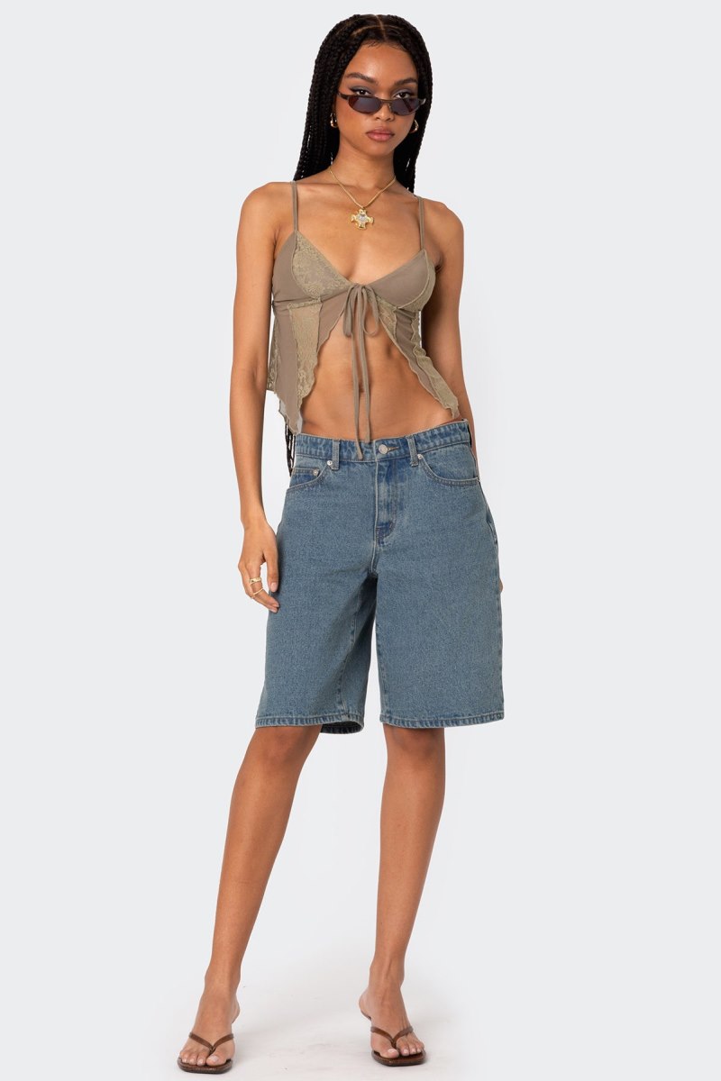 Edikted Patchwork Lacey Mesh Crop Tops Olive | USA XP144154H5
