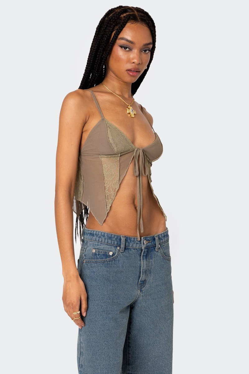 Edikted Patchwork Lacey Mesh Crop Tops Olive | USA XP144154H5
