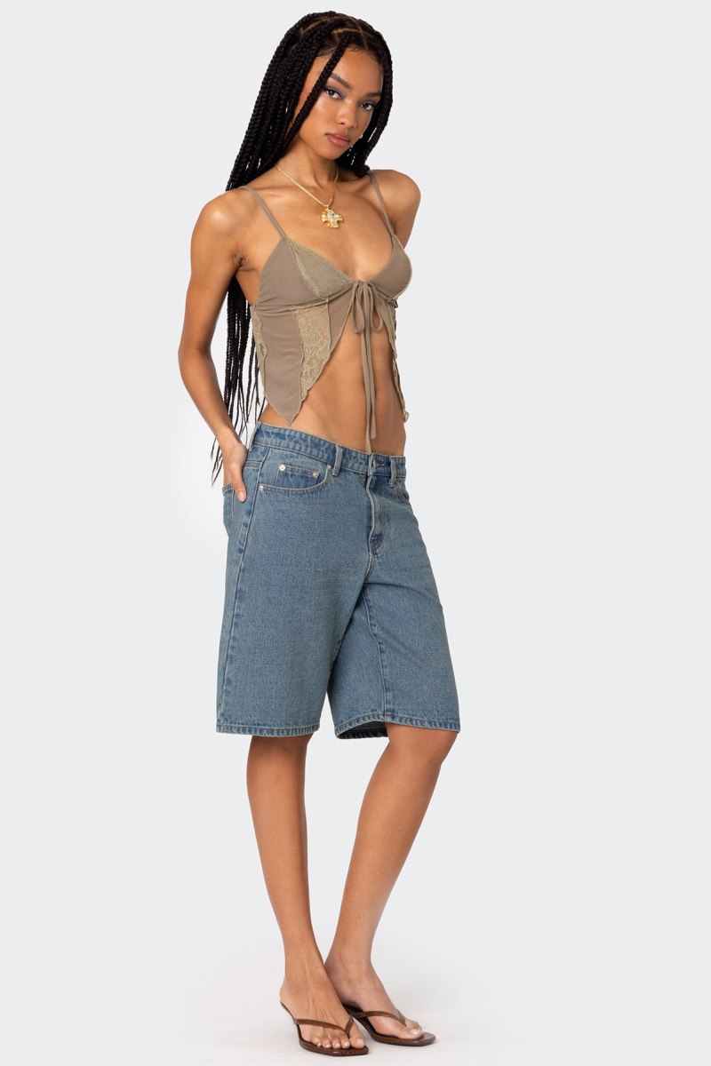 Edikted Patchwork Lacey Mesh Crop Tops Olive | USA XP144154H5