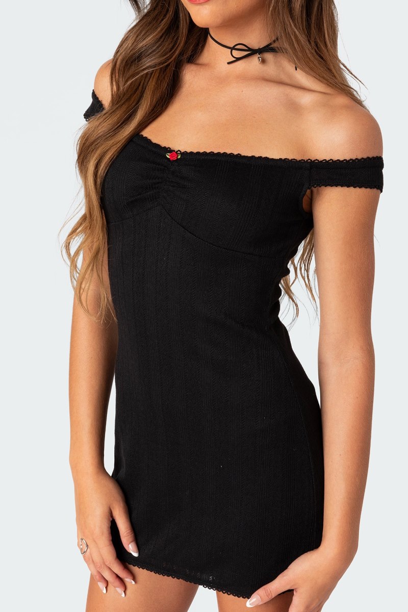 Edikted Patrice Off Shoulder Pointelle Mini Dress LBD Black | USA SK927612M8