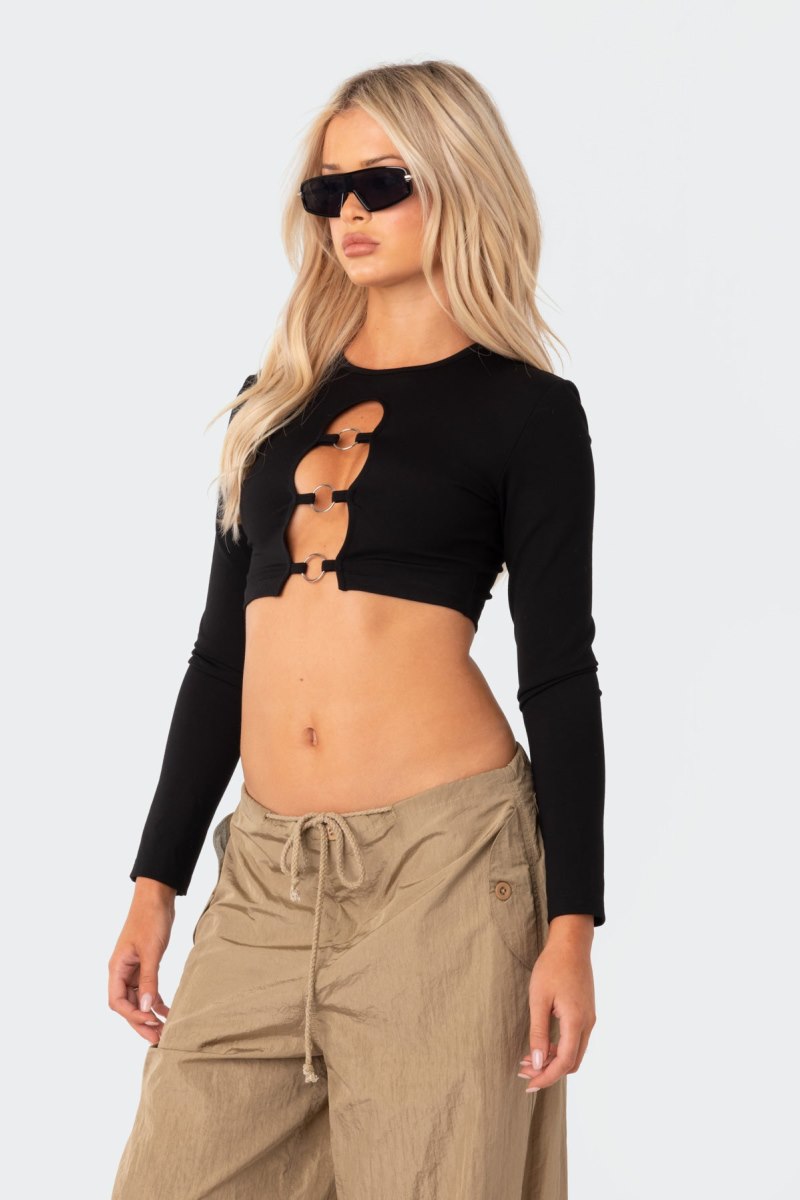 Edikted Patricia Open-Ring Crop Tops Black | USA SU946254L6