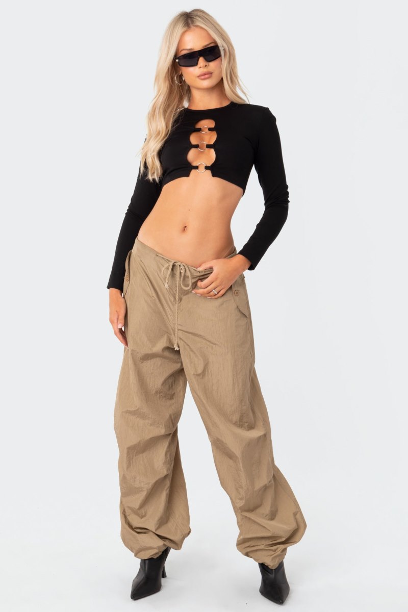 Edikted Patricia Open-Ring Long Sleeve Tops Black | USA FI090459F3
