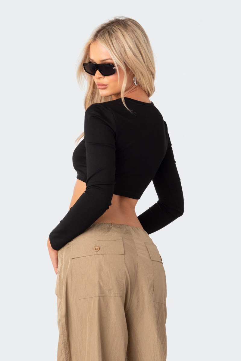 Edikted Patricia Open-Ring Long Sleeve Tops Black | USA FI090459F3