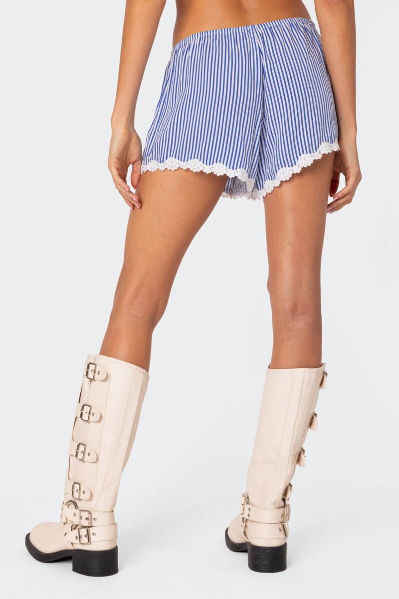 Edikted Patty Striped Lace Trim Shorts Blue And White | USA OR278307A5
