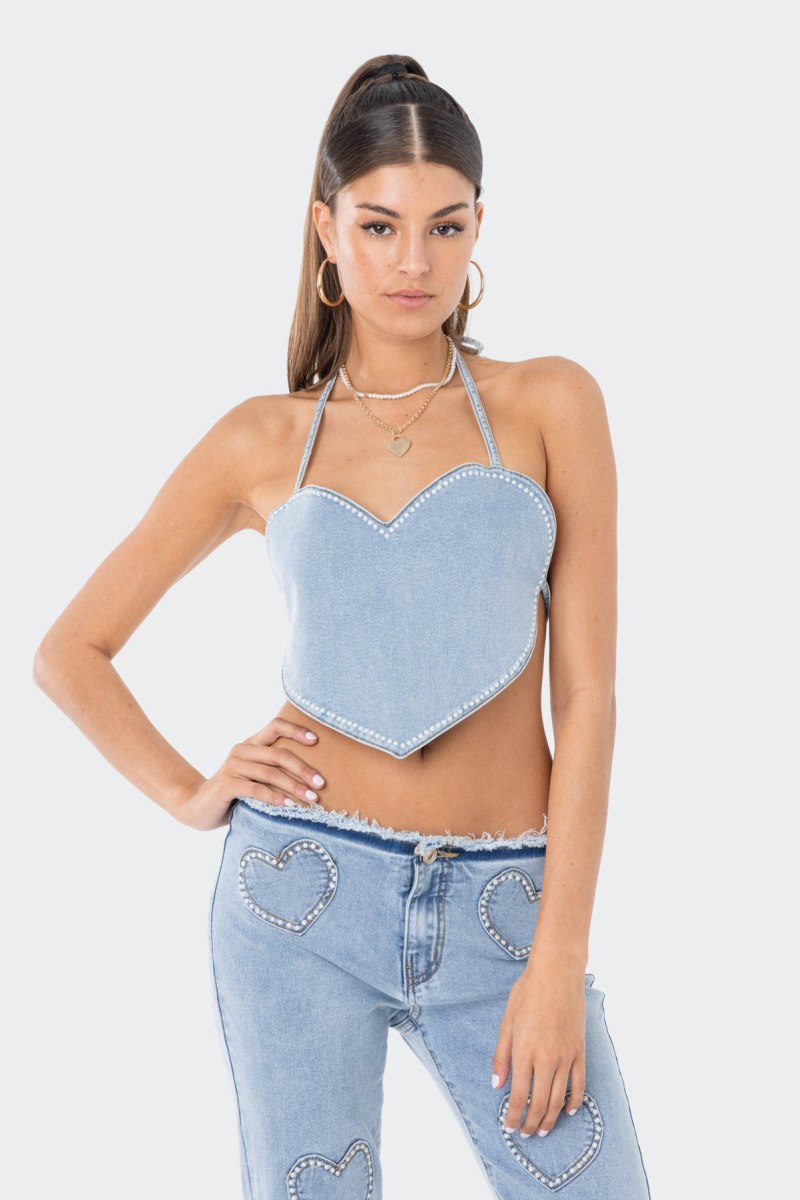 Edikted Pearly Heart Denim Crop Tops Blue | USA QO759075S8