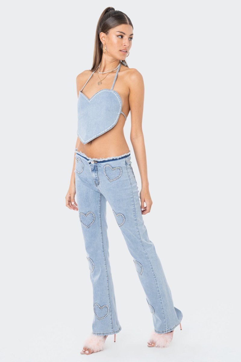 Edikted Pearly Heart Denim Crop Tops Blue | USA QO759075S8