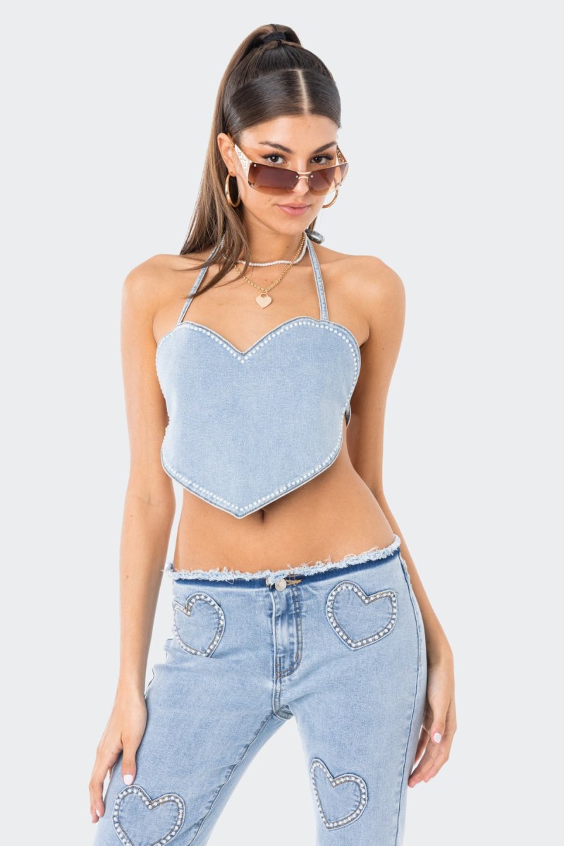Edikted Pearly Heart Denim Crop Tops Blue | USA QO759075S8