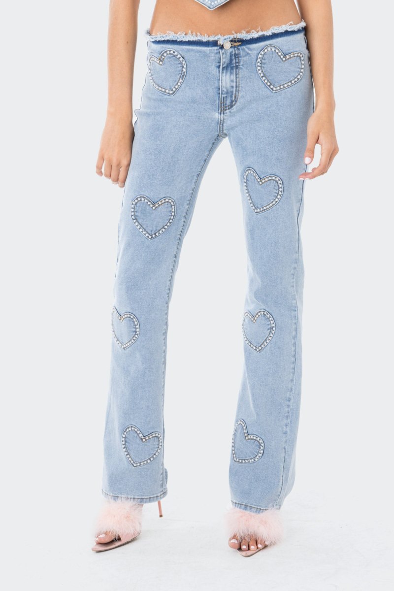 Edikted Pearly Heart Low-Rise Jeans Blue | USA XI698619J3