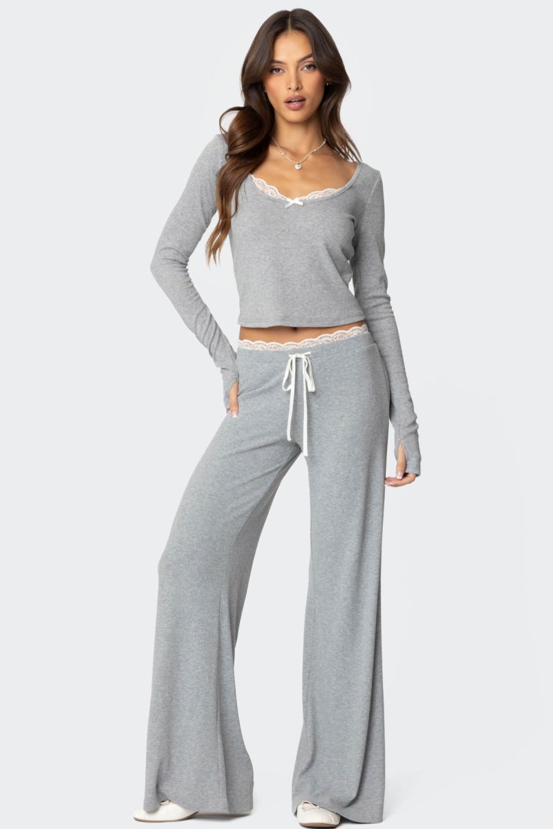 Edikted Peekaboo Lace Long Sleeve Tops Gray Melange | USA VF546774I6