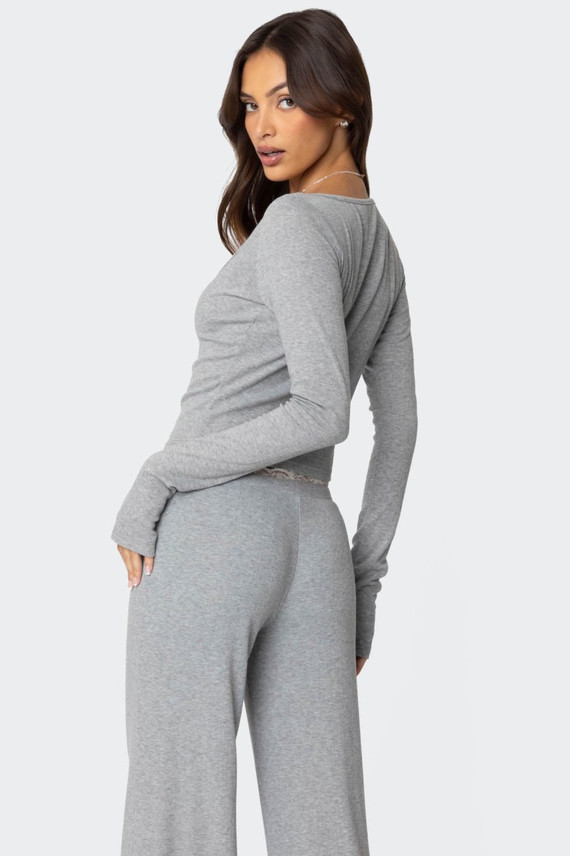 Edikted Peekaboo Lace Long Sleeve Tops Gray Melange | USA VF546774I6