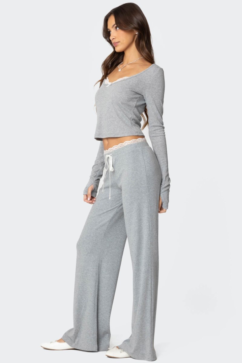 Edikted Peekaboo Lace Long Sleeve Tops Gray Melange | USA VF546774I6
