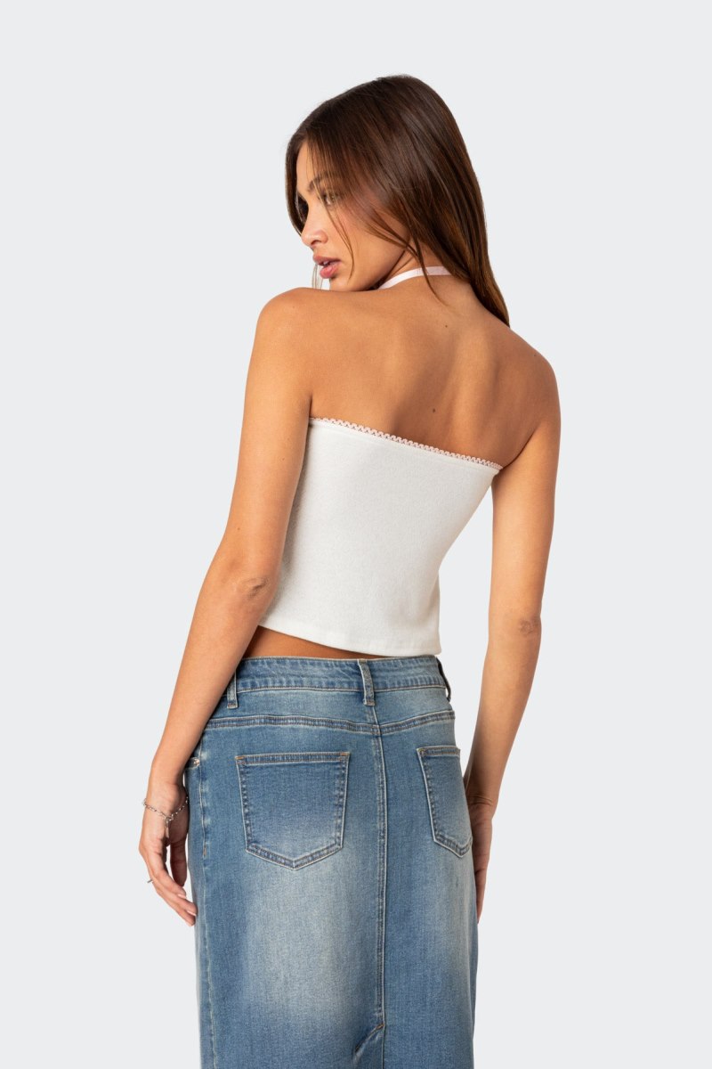 Edikted Percy Split Front Pointelle Strapless Tops White | USA NY178887S5