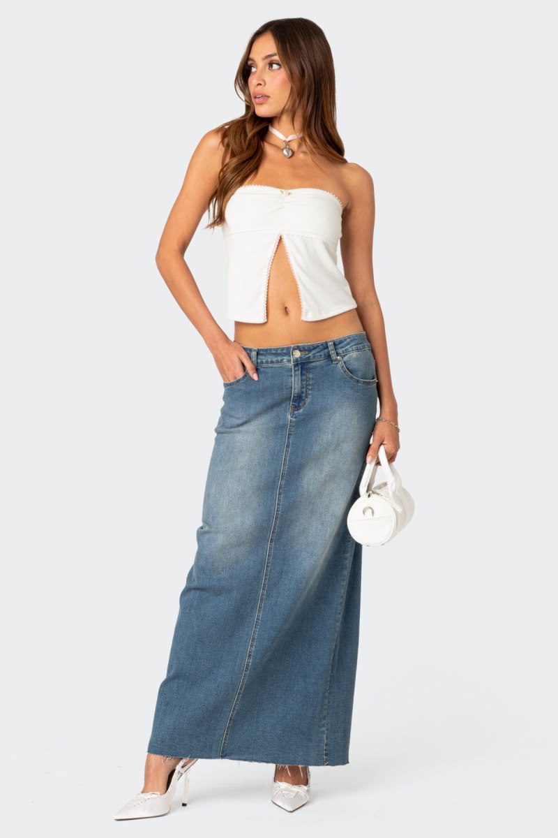 Edikted Percy Split Front Pointelle Strapless Tops White | USA NY178887S5