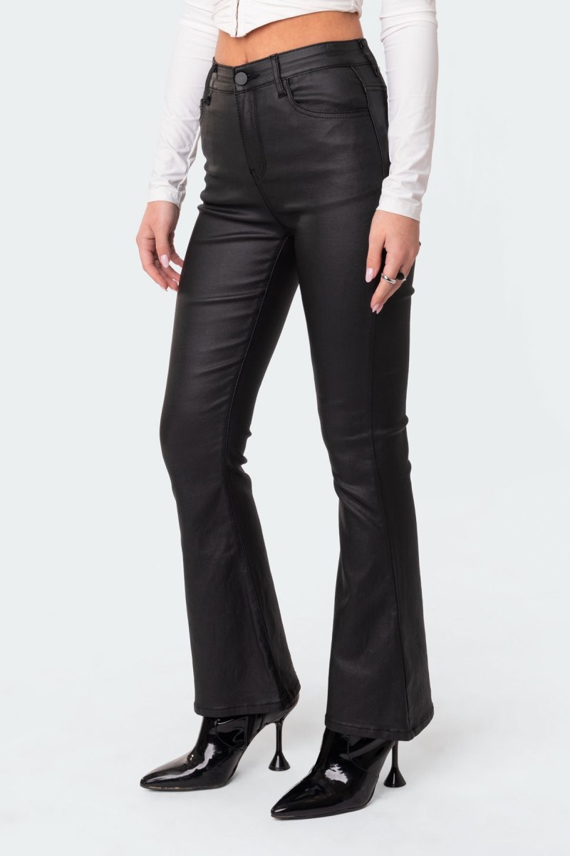 Edikted Petite Luna Faux Leather Flare Jeans Black | USA QX173297L7