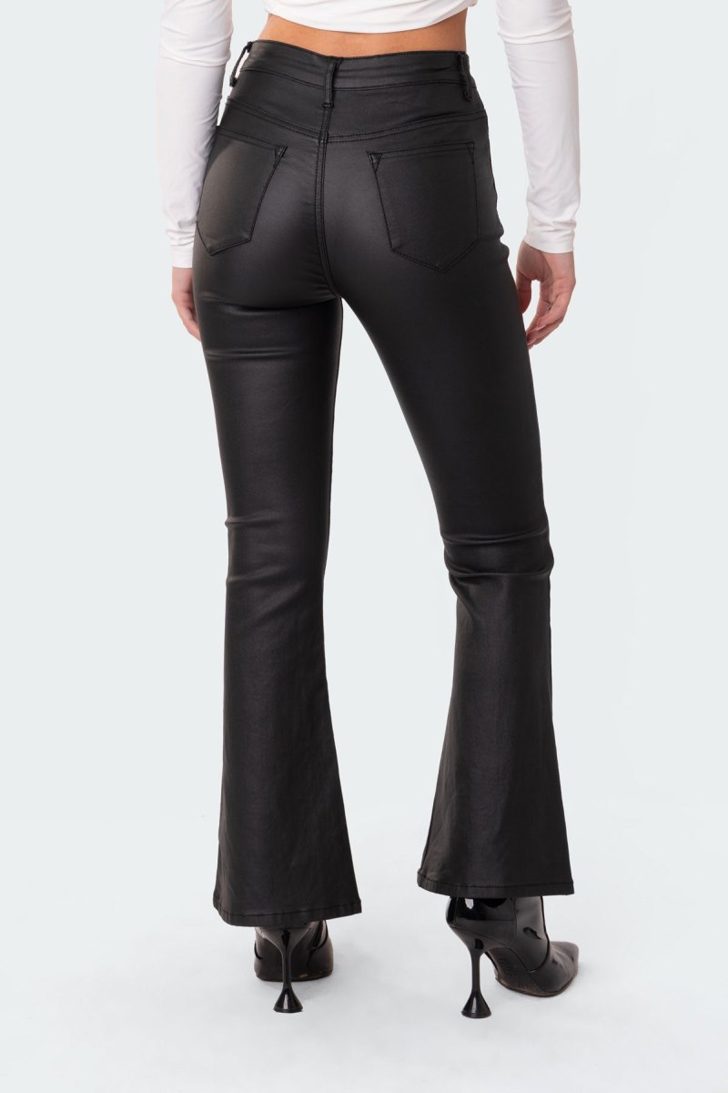 Edikted Petite Luna Faux Leather Flare Jeans Black | USA QX173297L7