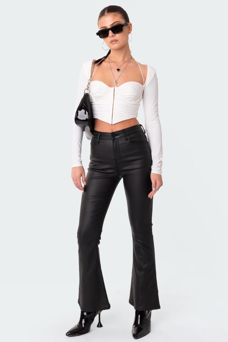 Edikted Petite Luna Faux Leather Flare Jeans Black | USA QX173297L7