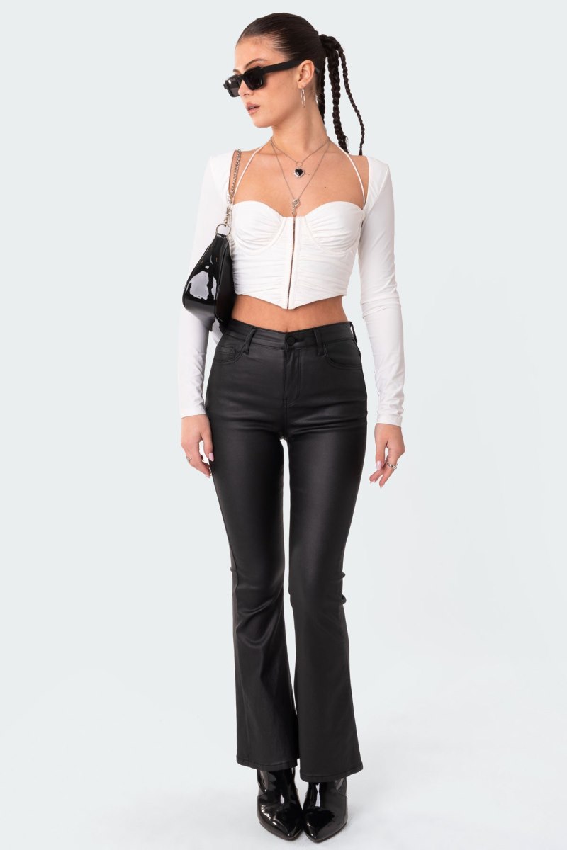 Edikted Petite Luna Faux Leather Flare Jeans Black | USA QX173297L7