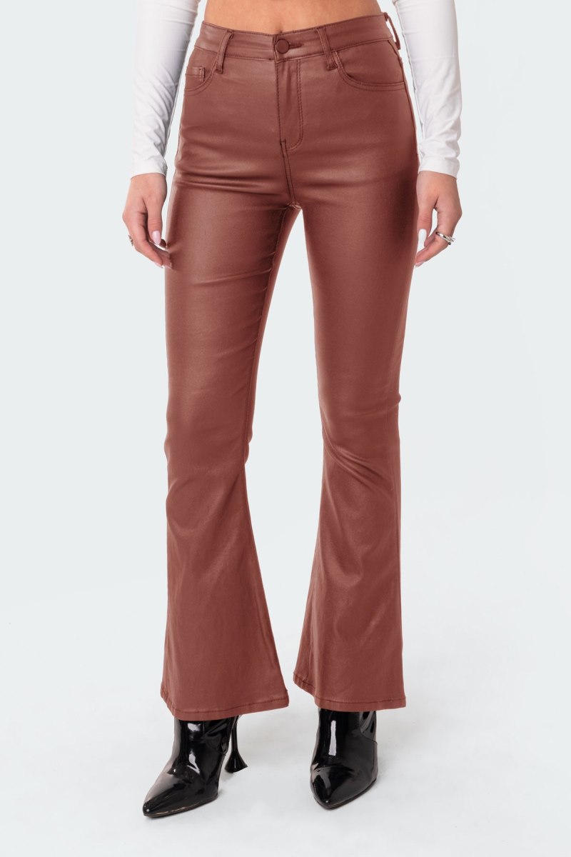 Edikted Petite Luna Faux Leather Flare Jeans Black | USA PI452675S3