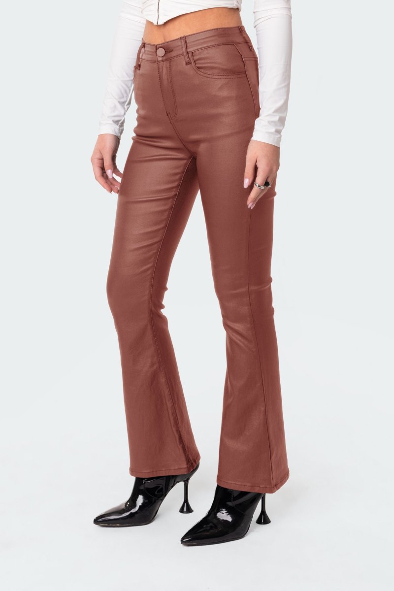 Edikted Petite Luna Faux Leather Flare Jeans Black | USA PI452675S3