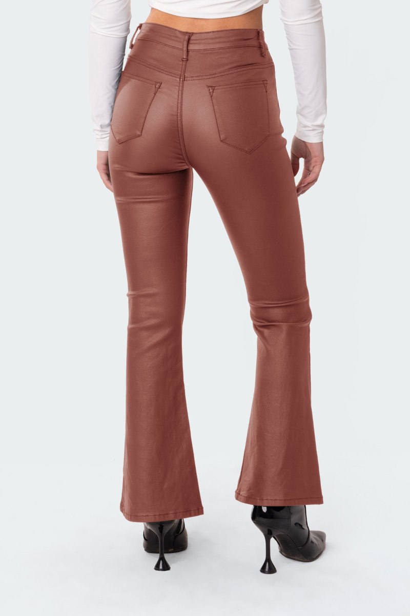 Edikted Petite Luna Faux Leather Flare Jeans Black | USA PI452675S3