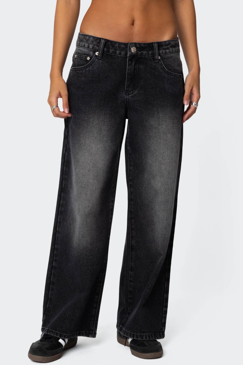 Edikted Petite Magda Low Rise Acid Wash Jeans Black Washed | USA EY669056S4