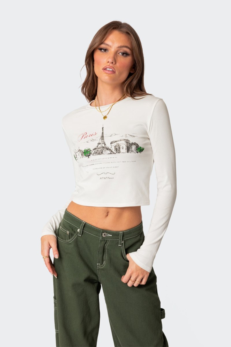 Edikted Phillipa Long Sleeve T Shirt Graphic Tops White | USA CU378477N0