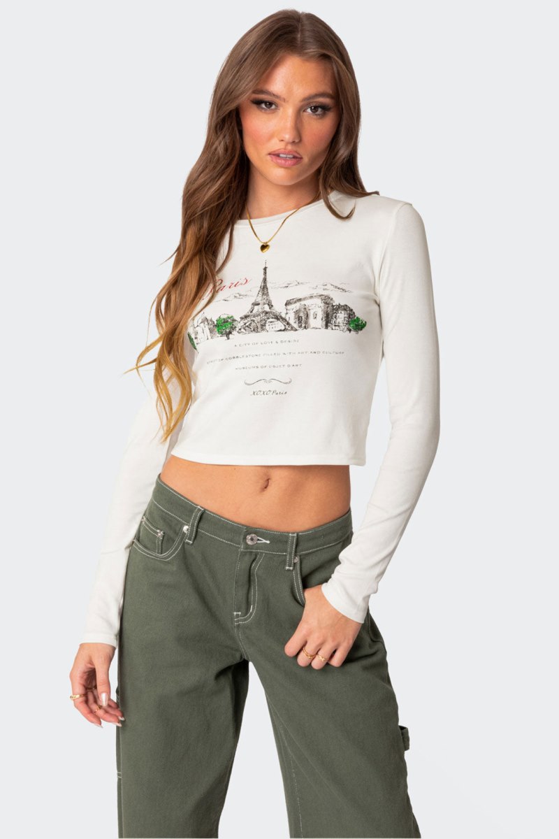 Edikted Phillipa Long Sleeve T Shirt Graphic Tops White | USA CU378477N0