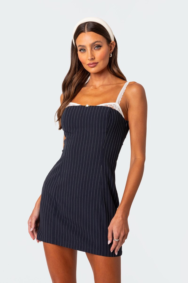 Edikted Pinstripe Bra Detail Mini Dress Navy | USA PZ491189L9