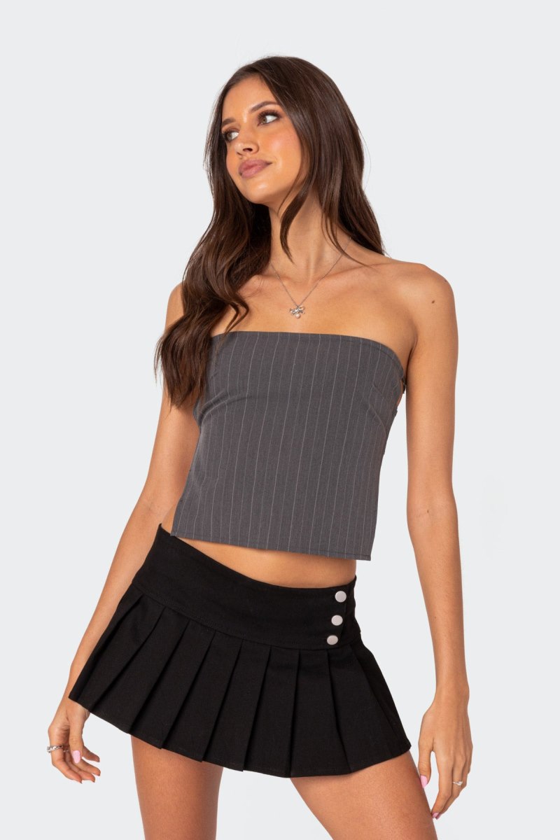 Edikted Pinstripe Open Back Strapless Strapless Tops Gray And White | USA HQ747104A1