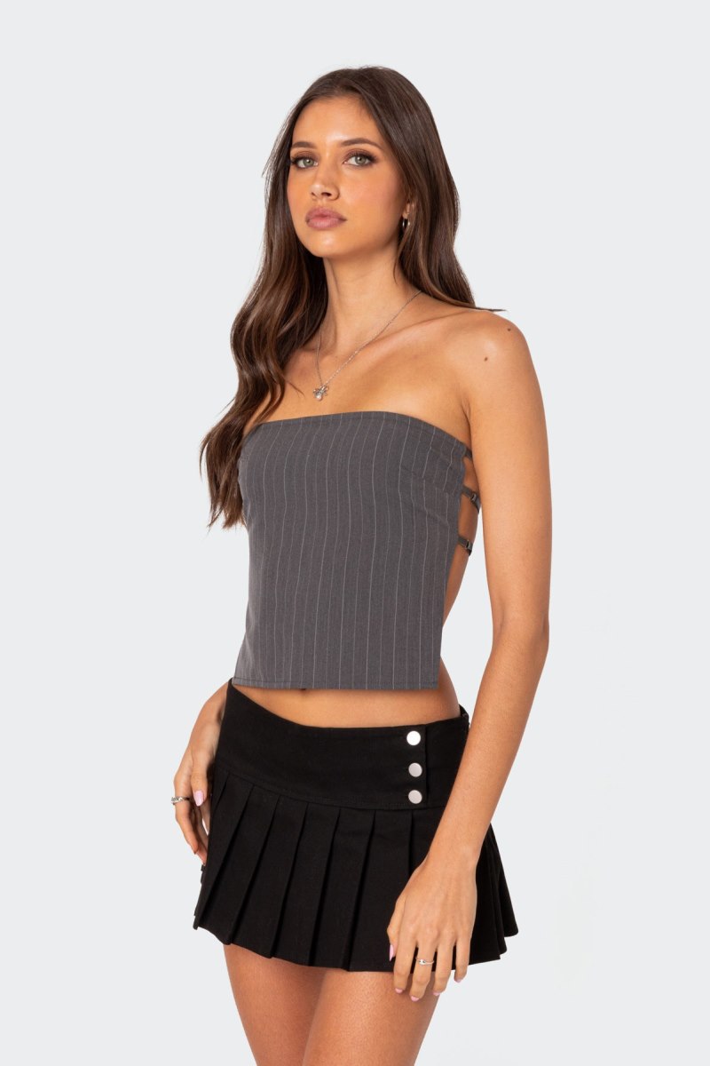 Edikted Pinstripe Open Back Strapless Strapless Tops Gray And White | USA HQ747104A1