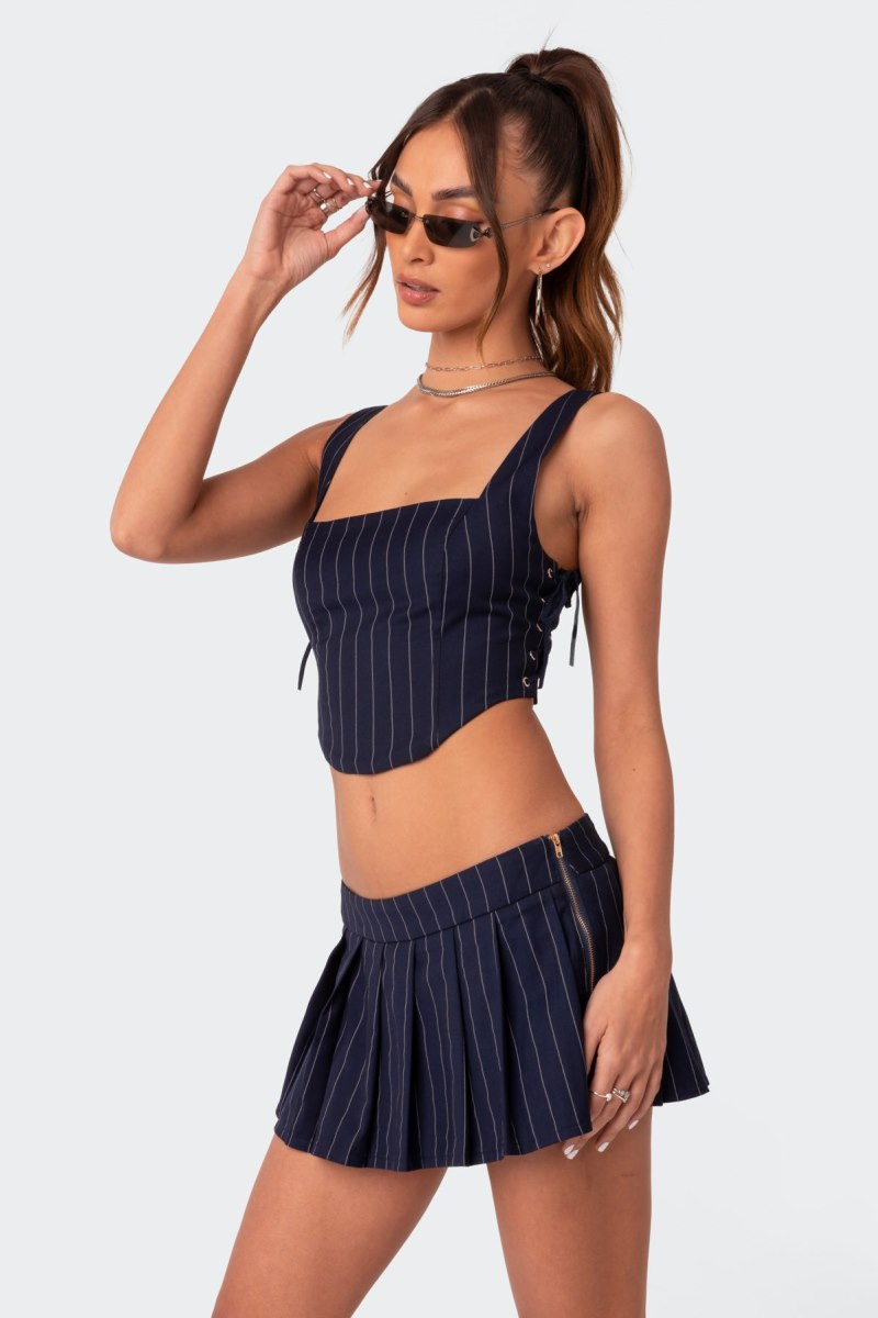 Edikted Pinstripe Side Lace Up Corset Crop Tops Burgundy | USA TS024982V8