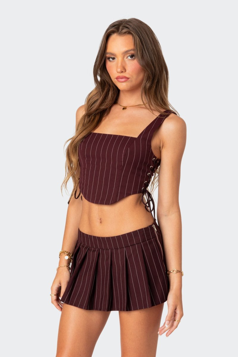 Edikted Pinstripe Side Lace Up Corset Crop Tops Burgundy | USA GE875237E2