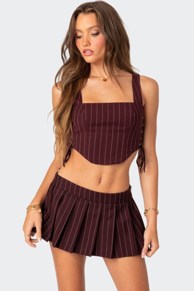 Edikted Pinstripe Side Lace Up Corset Crop Tops Burgundy | USA GE875237E2